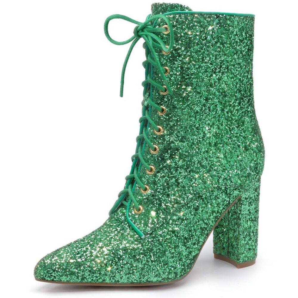 Glitter Boot Lace up Pointed Toe Block Heel Green Ankle Boots